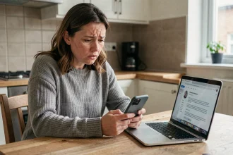 Femme inquiète regardant un message suspect sur son smartphone, potentielle arnaque au Bon Coin par SMS ou email frauduleux