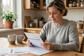 Femme à la cinquantaine révisant ses relevés bancaires et son budget à la table de cuisine pour faire face à l'inflation