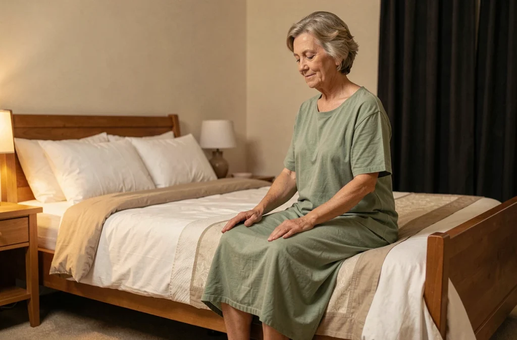 Femme d'une cinquantaine d'années méditant assise au bord de son lit la nuit pour améliorer la qualité de son sommeil