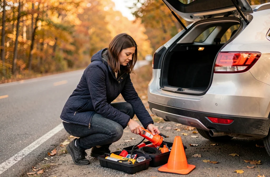 Femme récupérant un gonfleur portable dans le coffre d'un SUV en bord de route en automne, entourée d'accessoires de sécurité routière