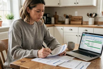 Femme comparant les frais de tenue de compte bancaire sur des relevés papier à domicile