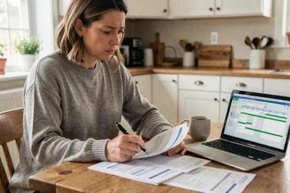 Femme comparant les frais de tenue de compte bancaire sur des relevés papier à domicile