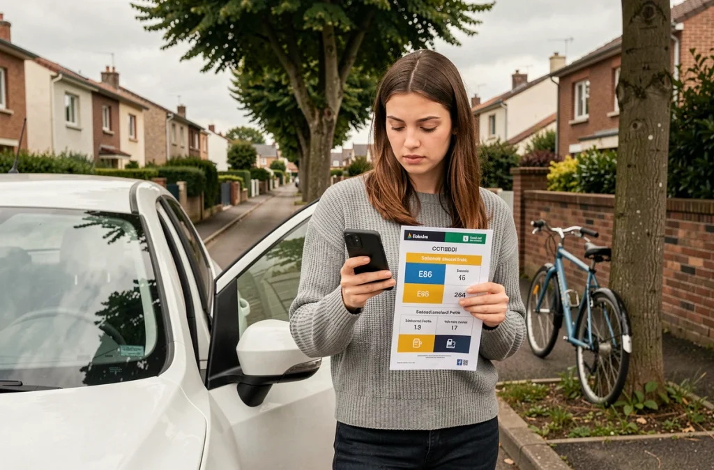 Jeune femme consultant une comparaison de prix carburant E85 éthanol versus essence classique en banlieue française