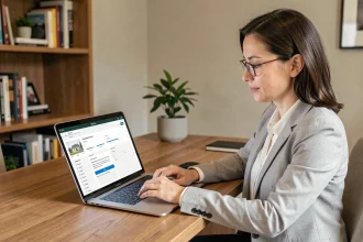 Femme consultant une demande de prêt immobilier en ligne sur un ordinateur portable dans un bureau à domicile moderne