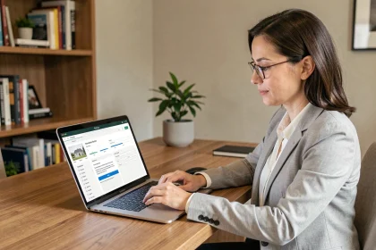 Femme consultant une demande de prêt immobilier en ligne sur un ordinateur portable dans un bureau à domicile moderne