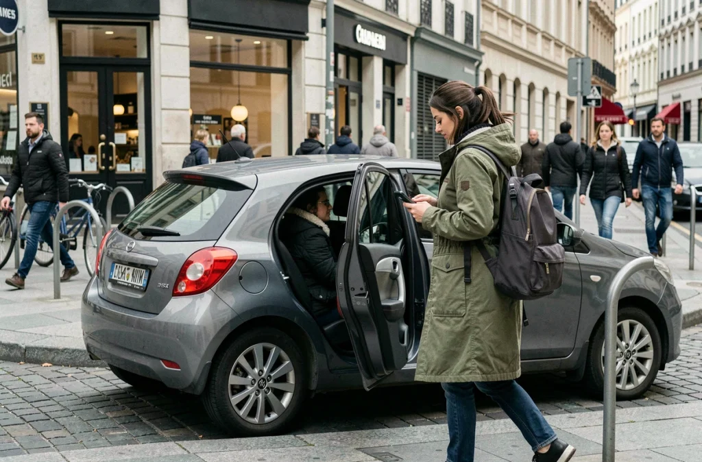Une femme descend d'un véhicule de covoiturage devant un trottoir animé en centre-ville