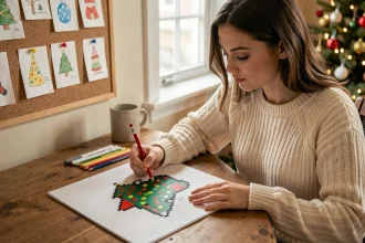 Jeune femme dessinant un pixel art de Noël sur papier quadrillé avec des crayons de couleur