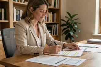 Femme consultant des documents de frais immobiliers à son bureau à domicile