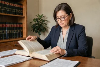 Femme de 45 ans étudiant des documents juridiques dans un bureau à domicile, illustrant la compréhension des nouvelles lois