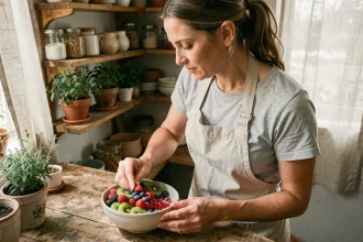 Femme préparant un bol de fruits frais sans sucre ajouté pour renforcer l'immunité naturelle