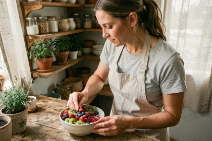 Femme préparant un bol de fruits frais sans sucre ajouté pour renforcer l'immunité naturelle