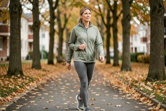 Femme de 48 ans marchant d'un pas vif sur un chemin urbain bordé d'arbres en automne, illustrant les bienfaits de la marche quotidienne pour la santé cardiaque