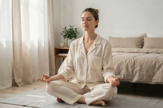 Femme pratiquant la méditation assise en tailleur sur un tapis de yoga dans une chambre minimaliste lumineuse pour améliorer son sommeil
