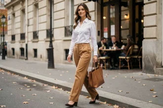 Femme portant un pantalon large en laine camel dans une rue parisienne en automne