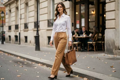 Femme portant un pantalon large en laine camel dans une rue parisienne en automne