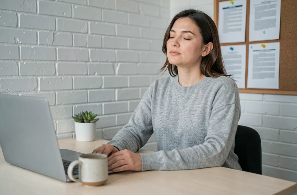 Femme souriante et détendue faisant une pause bien-être à son bureau minimaliste, symbolisant la gestion du stress et la productivité au travail