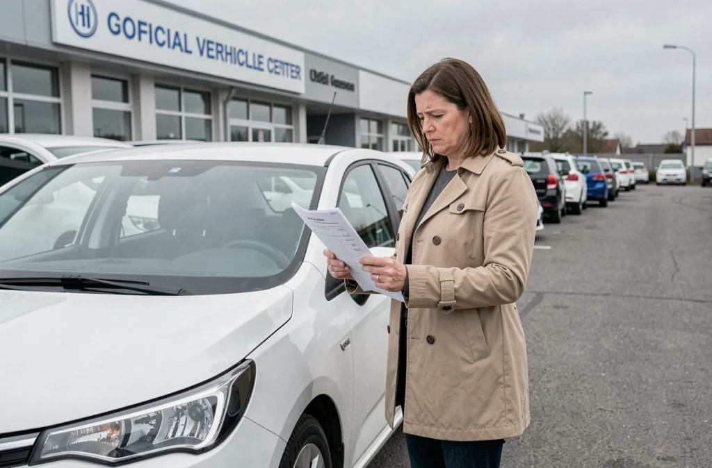 Femme consultant le rapport de contrôle technique de son véhicule devant un centre d'inspection agréé
