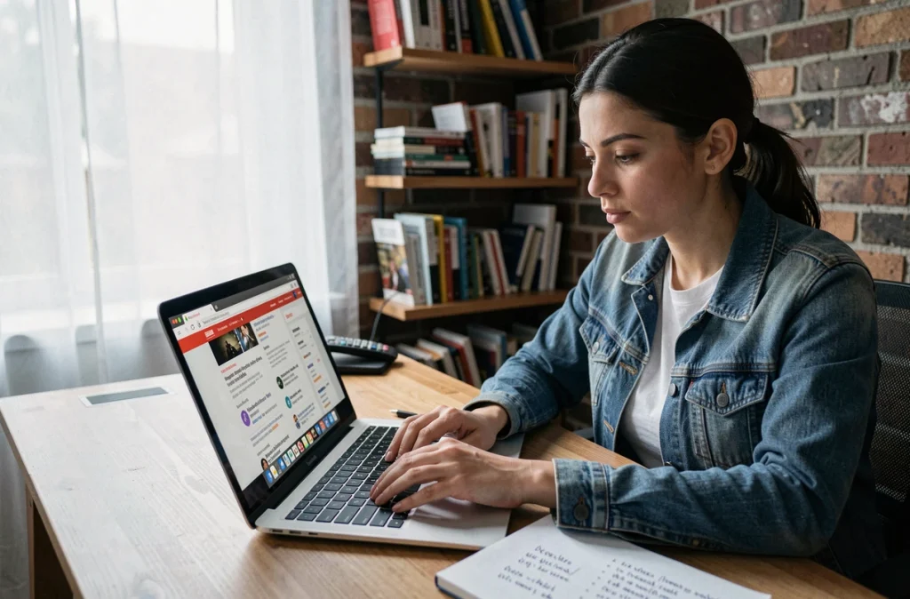 Femme cherchant la nouvelle adresse de Live TV sur son ordinateur portable dans un bureau à domicile