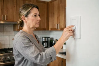 Femme ajustant le thermostat dans une cuisine moderne pour réduire sa consommation d'électricité