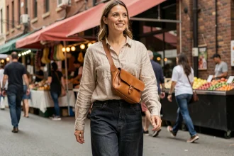Femme portant un sac banane en cuir tan en bandoulière dans une rue commerçante animée