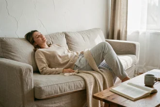 Femme faisant une sieste sur un canapé en lin dans un salon chaleureux et apaisant