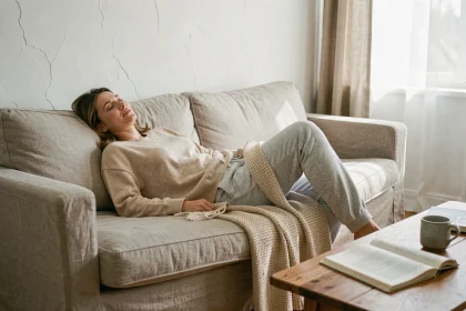 Femme faisant une sieste sur un canapé en lin dans un salon chaleureux et apaisant