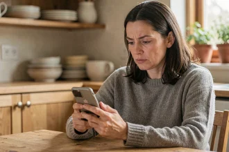 Femme consultant son smartphone pour identifier un appel entrant avec l'indicatif 49