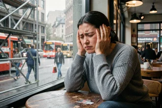 Femme stressée dans un café urbain se bouchant les oreilles à cause du bruit de la rue, illustrant les effets de la pollution sonore sur la santé mentale