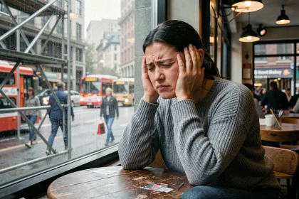 Femme stressée dans un café urbain se bouchant les oreilles à cause du bruit de la rue, illustrant les effets de la pollution sonore sur la santé mentale