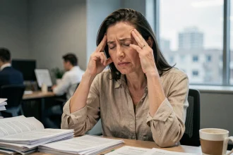 Femme stressée au bureau, mains sur les tempes, illustrant les effets du stress chronique au travail