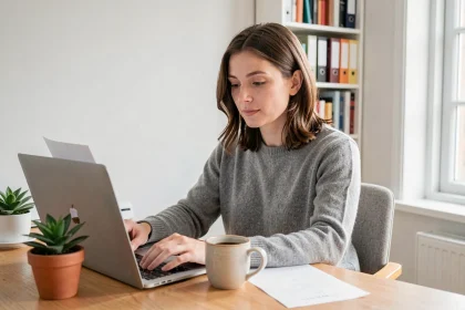 Femme en télétravail concentrée devant son ordinateur portable dans un bureau à domicile moderne et épuré