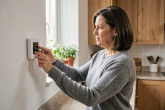 Femme ajustant un thermostat connecté dans une cuisine moderne pour optimiser sa consommation énergétique