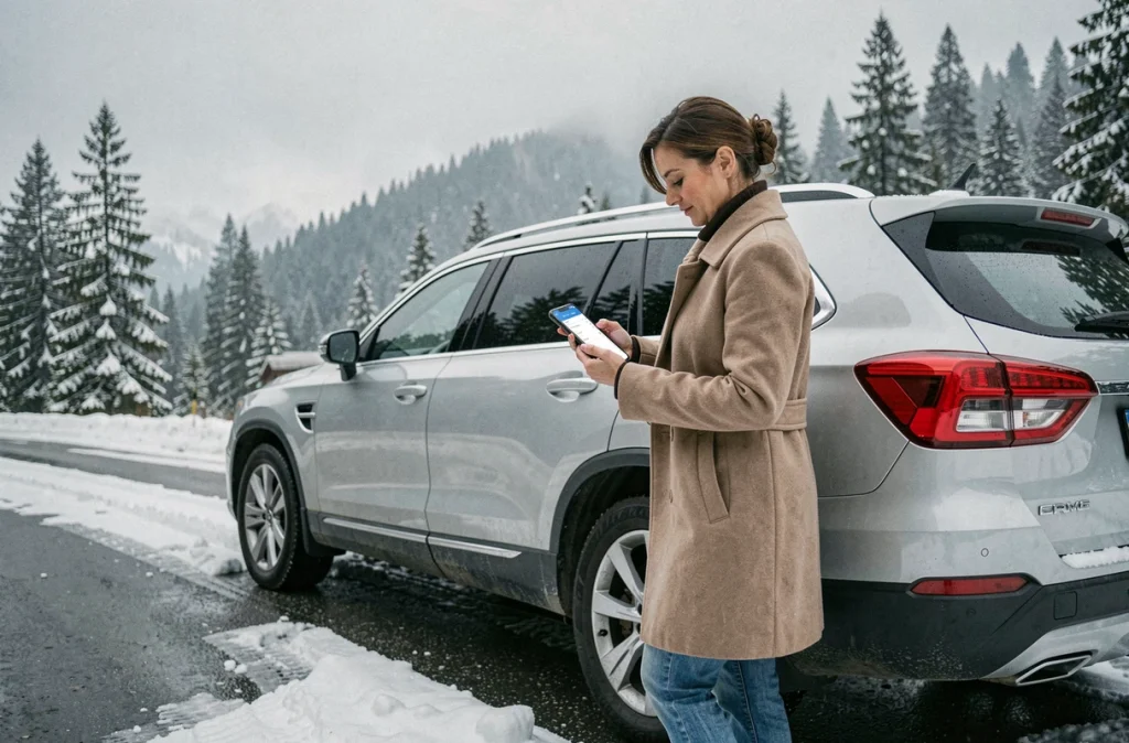 Femme vérifiant ses pneus d'hiver sur une route enneigée de montagne avec son téléphone