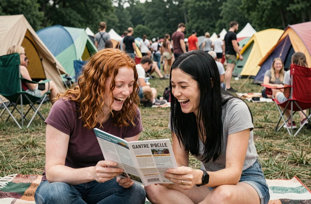 Deux festivalières souriantes consultant le programme d'un festival de musique estival dans un camping de festival animé
