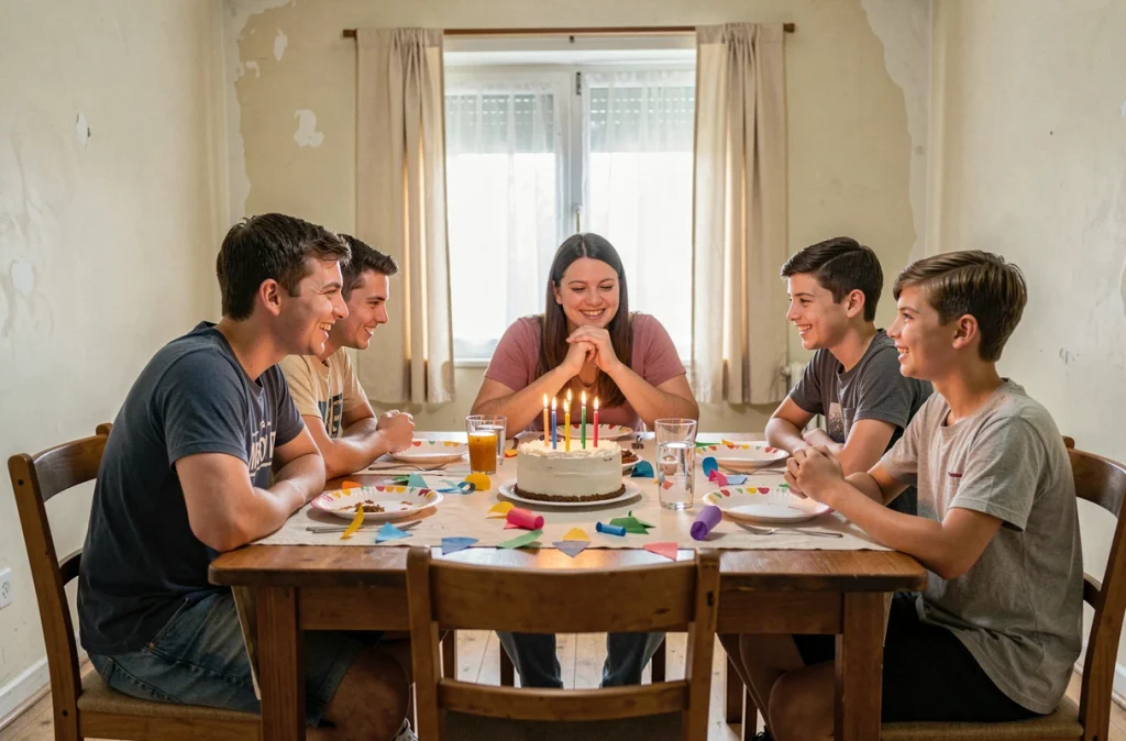 Famille réunie autour d'une table pour fêter un anniversaire à la maison avec un gâteau fait maison