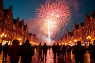 Feu d'artifice coloré explosant au-dessus des toits de Lille avec une foule de spectateurs réunis sur une place pavée