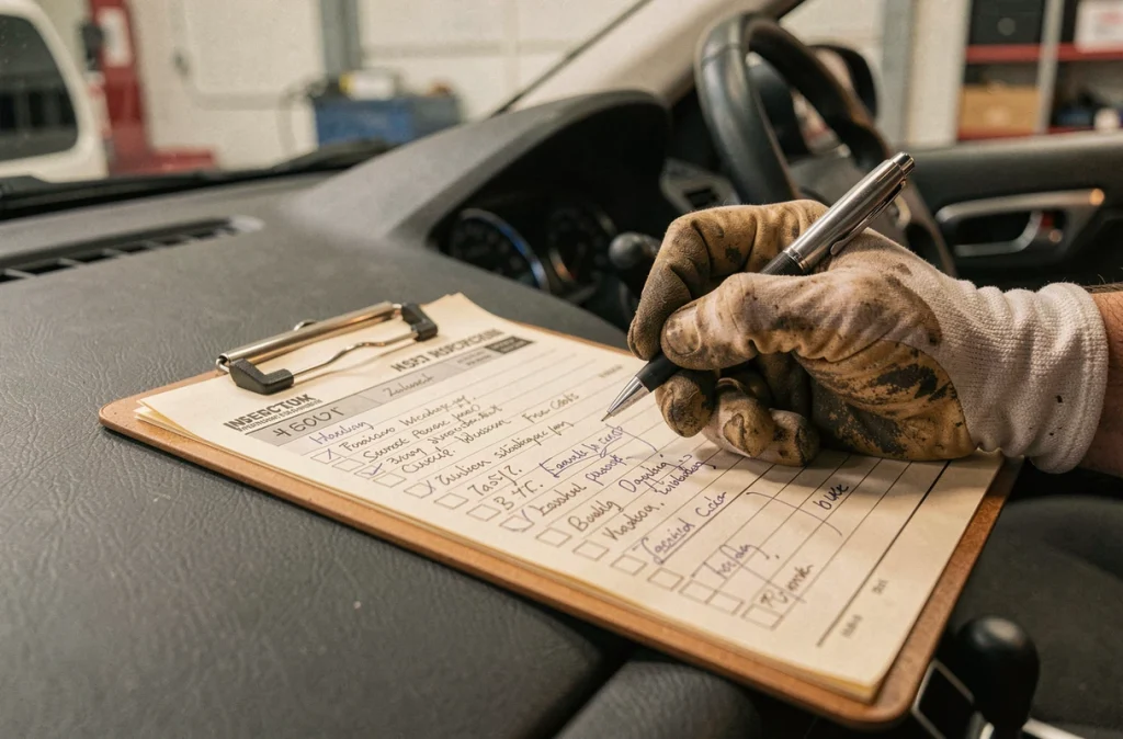 Gros plan sur une fiche de contrôle technique remplie par un mécanicien à l'intérieur d'un véhicule