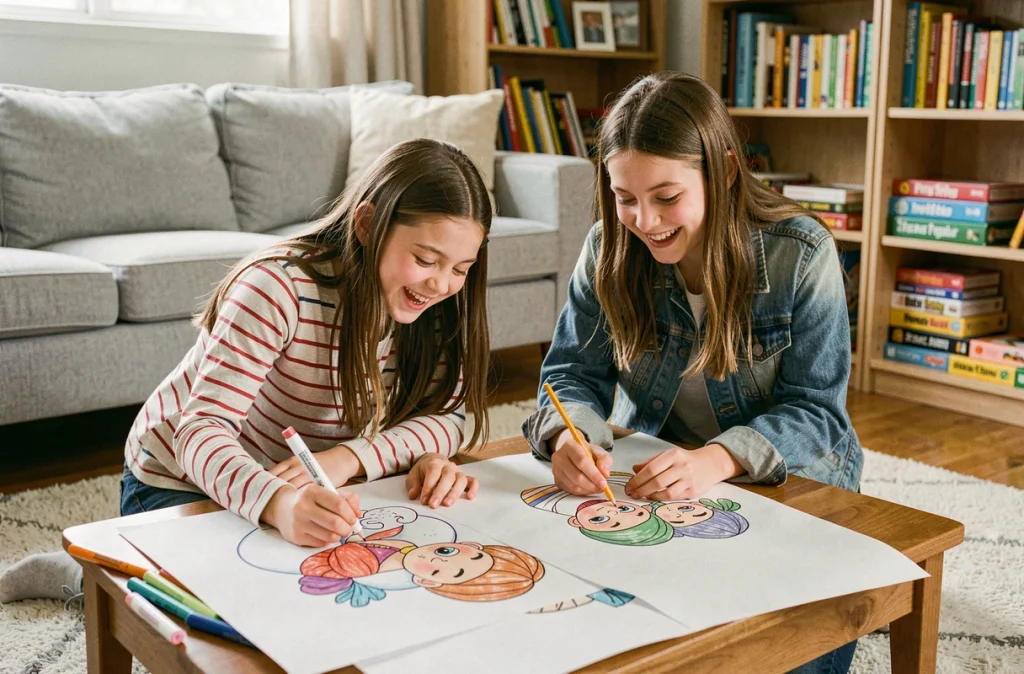 Deux jeunes filles coloriant des dessins animés avec feutres et crayons de couleur dans un salon familial