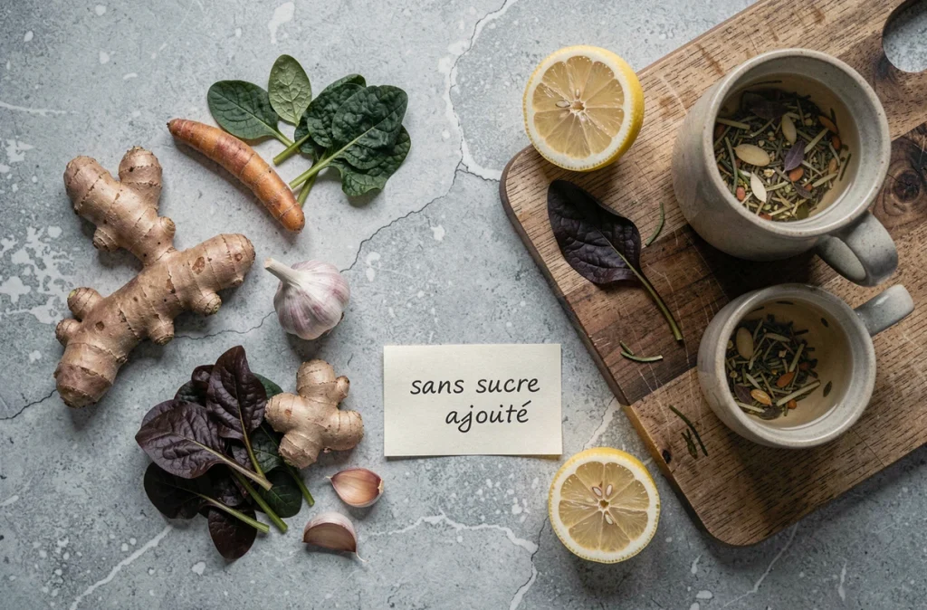 Flat lay d'aliments naturels sans sucre pour stimuler le système immunitaire, incluant gingembre, curcuma et légumes verts