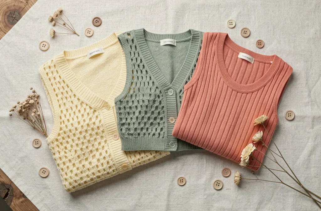 Flatlay de pièces en maille de printemps aux tons pastels sur fond de lin naturel