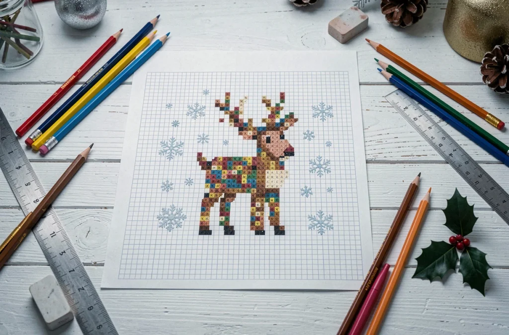 Vue de dessus d'un dessin pixel art de Noël terminé sur papier quadrillé entouré de crayons de couleur
