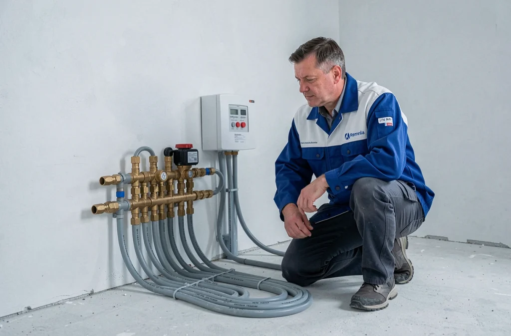 Technicien Fluideelec Habitat SAS installe un collecteur de plancher chauffant dans une maison neuve en construction