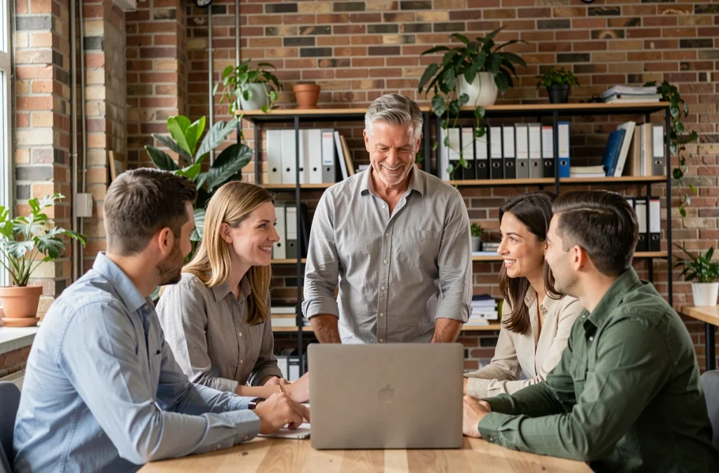 Formateur présentant un module de formation à une petite équipe de salariés dans les locaux d'une PME en espace de travail ouvert