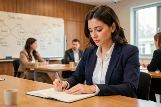 Femme en formation professionnelle dans une salle de réunion de PME, prenant des notes avec attention lors d'un atelier de développement des compétences