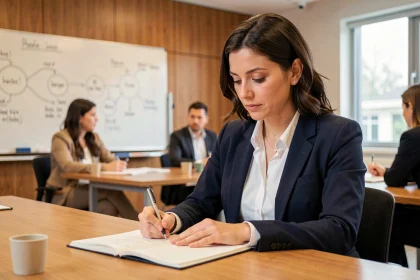 Femme en formation professionnelle dans une salle de réunion de PME, prenant des notes avec attention lors d'un atelier de développement des compétences