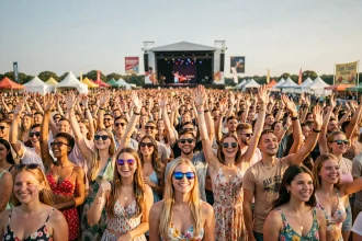Foule de festivaliers enthousiastes les mains levées lors d'un festival de musique estival en plein air en 2024