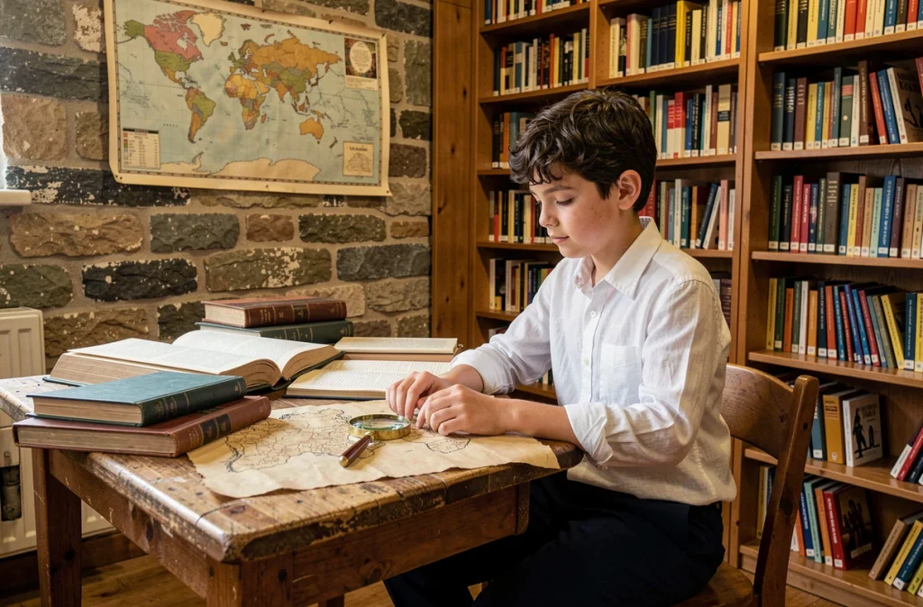 Garçon explorant des livres illustrés sur le Moyen Âge et des cartes anciennes dans une bibliothèque scolaire rustique