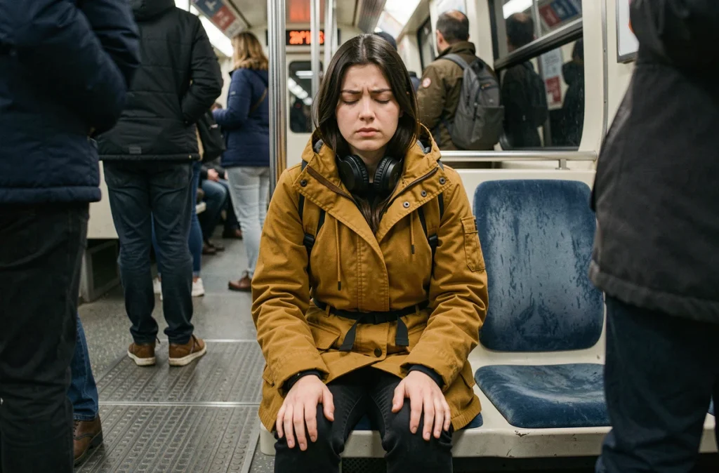 Jeune femme assise dans le métro lyonnais les yeux fermés cherchant à gérer son stress en heure de pointe