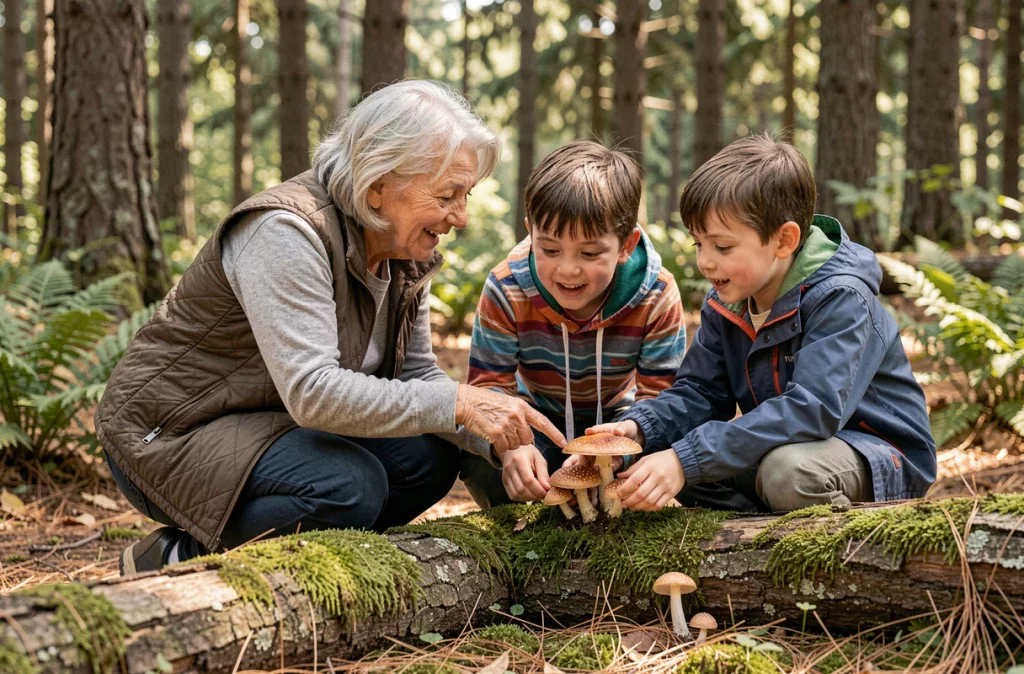 Grand-mère et ses deux petits-enfants observant des champignons dans une clairière forestière, partageant un moment de curiosité et de complicité intergénérationnelle