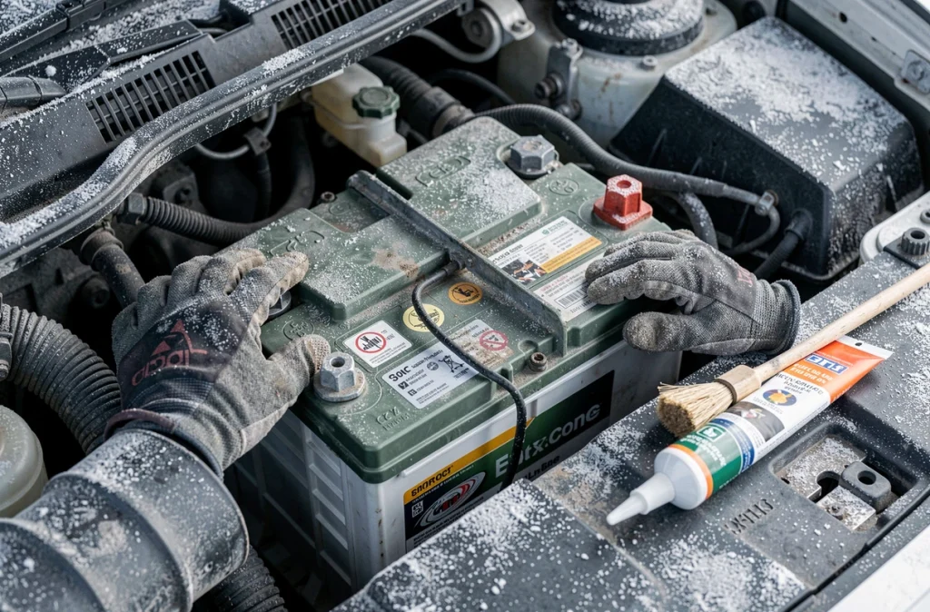 Gros plan sur une batterie de voiture givrée avec gants et produit anti-corrosion lors d'un entretien hivernal